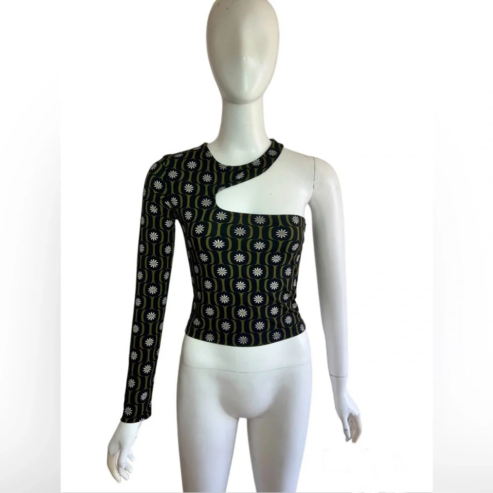 Isalis Floral Green Crop One Shoulder Cut Out Asymmetric Top Size Medium